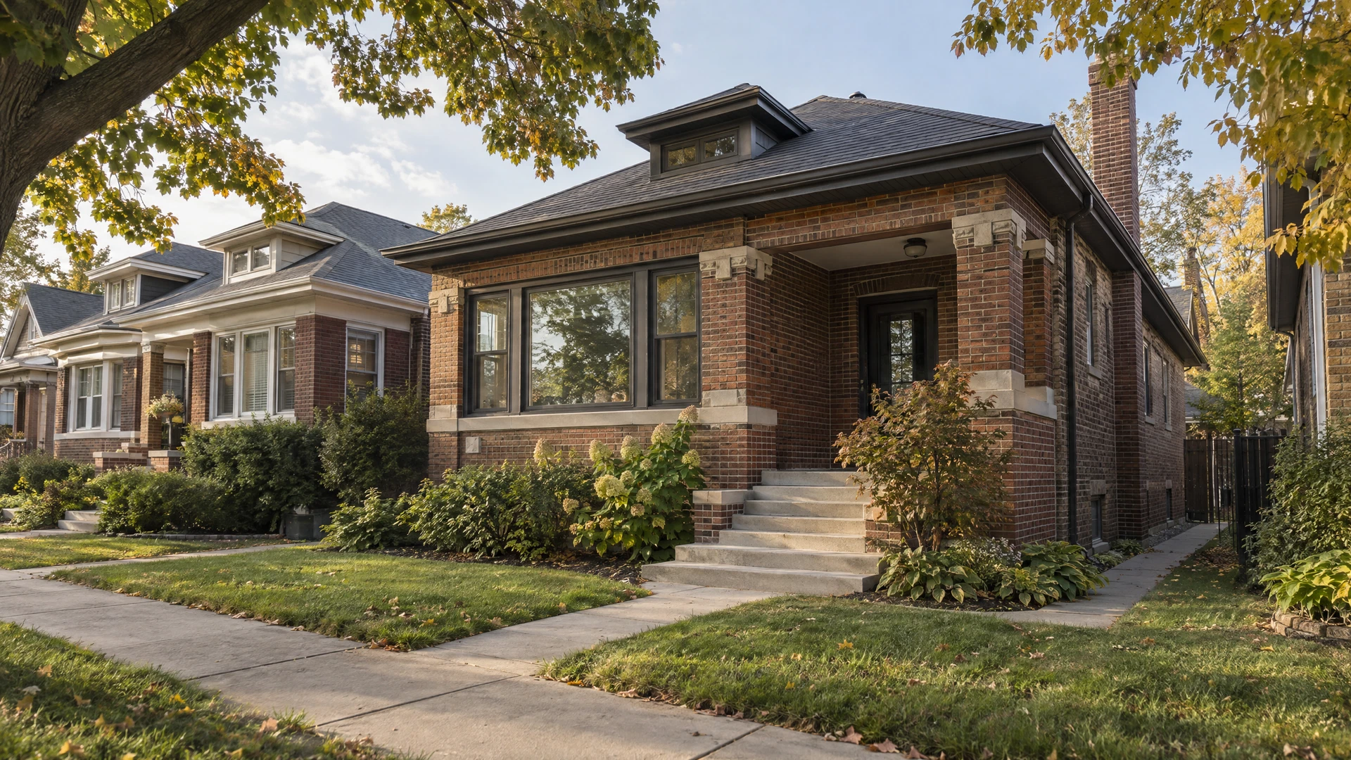 Illustrative Chicago-style brick bungalow in Cook County