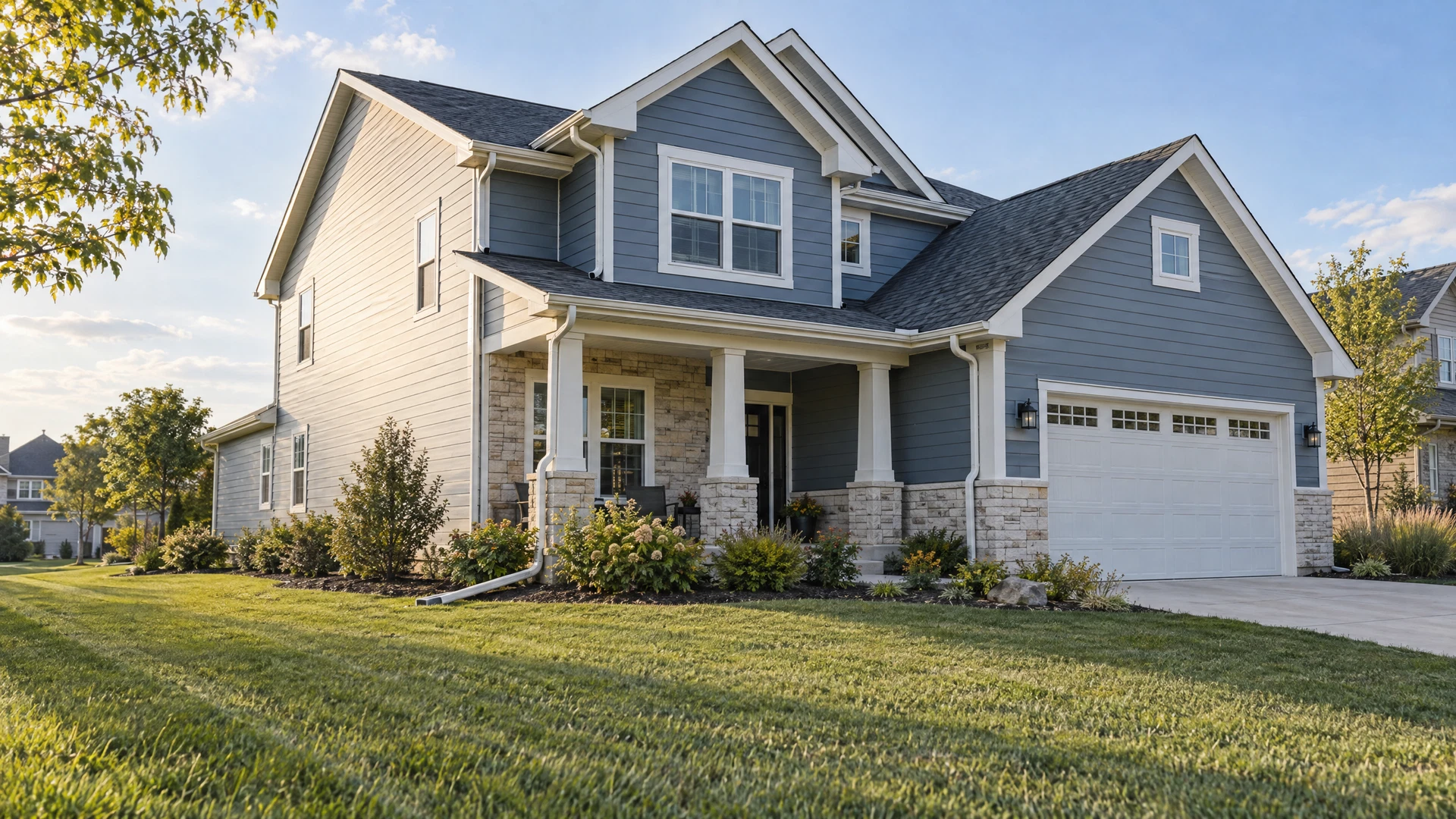 Illustrative blue-gray two-story home in a Will County subdivision