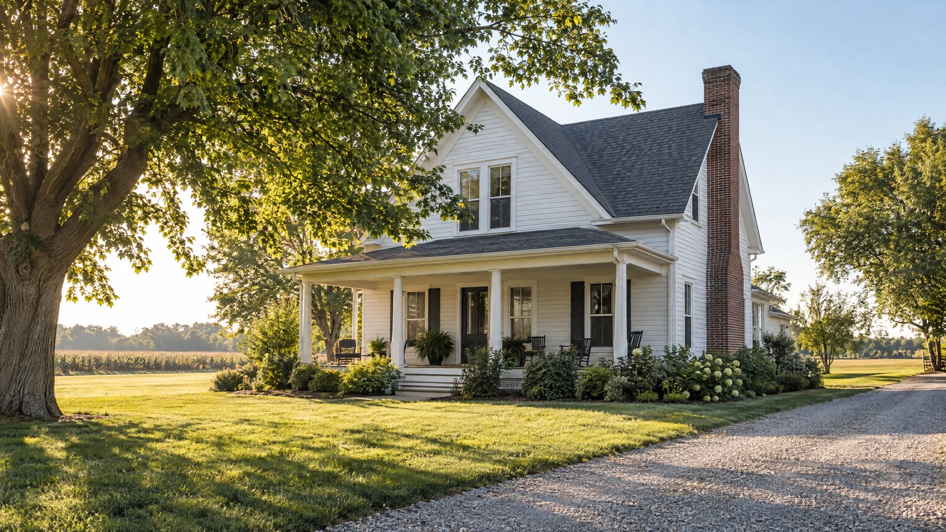 White farmhouse-style home on a larger parcel