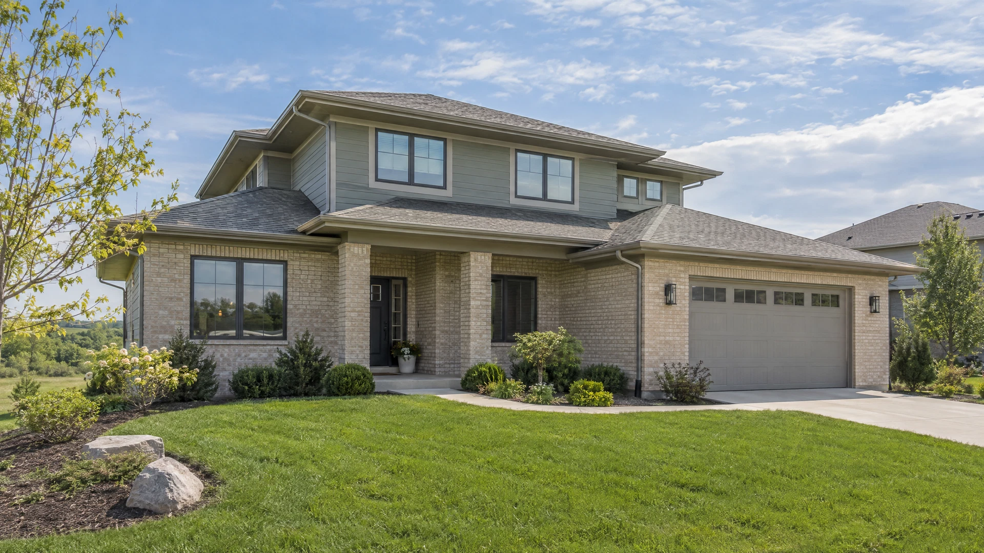 Illustrative newer tan-brick and sage-sided Kendall County suburban home