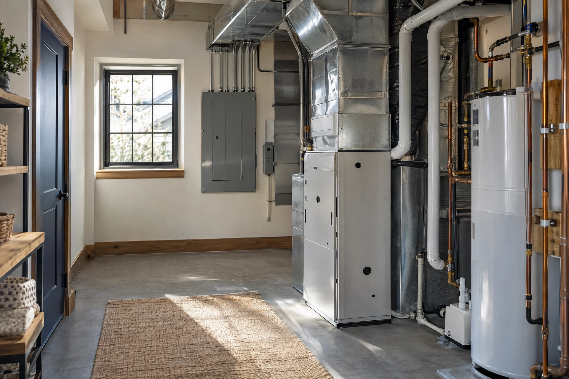 Illustrative view of visible equipment in a newly finished home utility room
