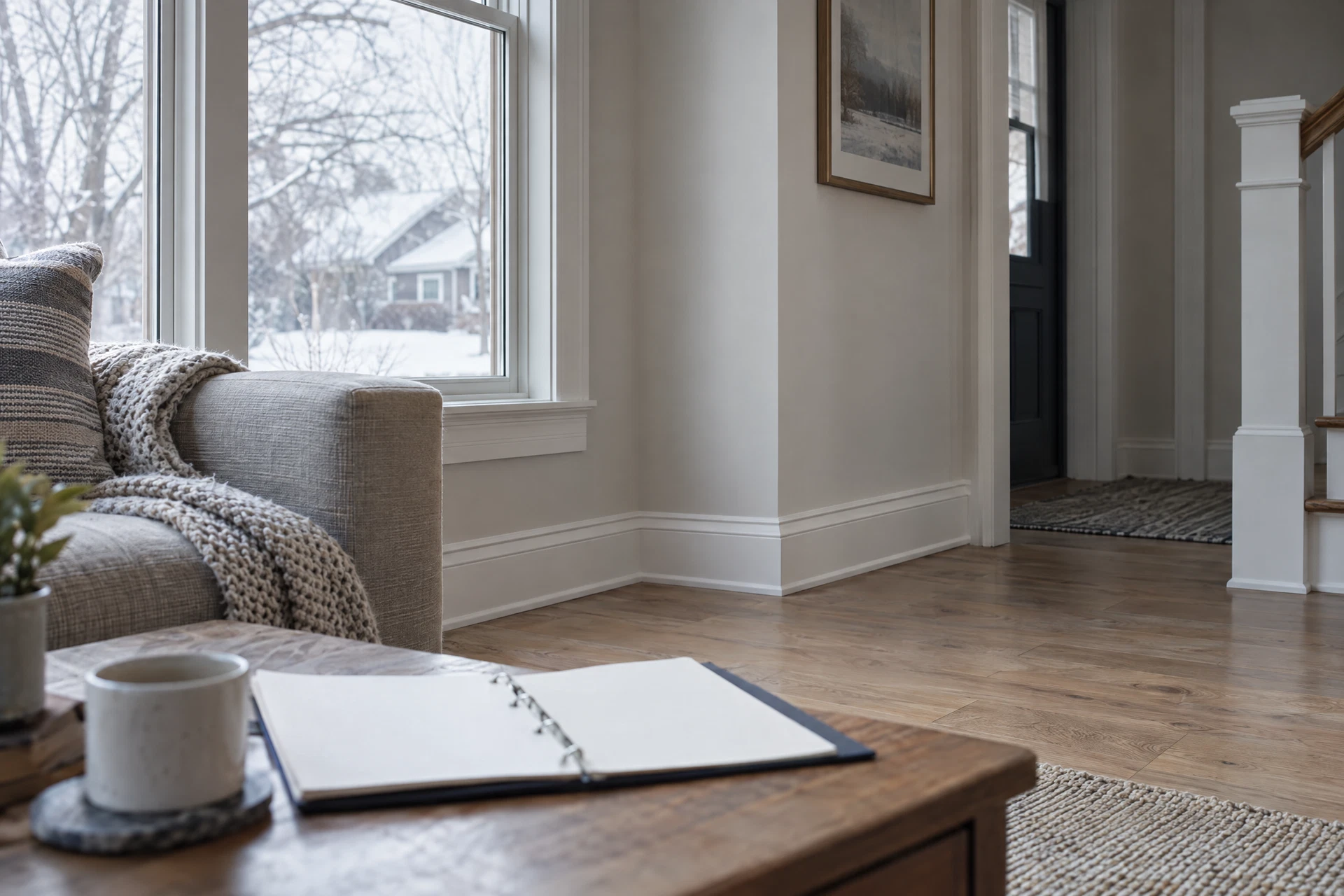 Illustrative newly occupied home interior with window trim and homeowner documents