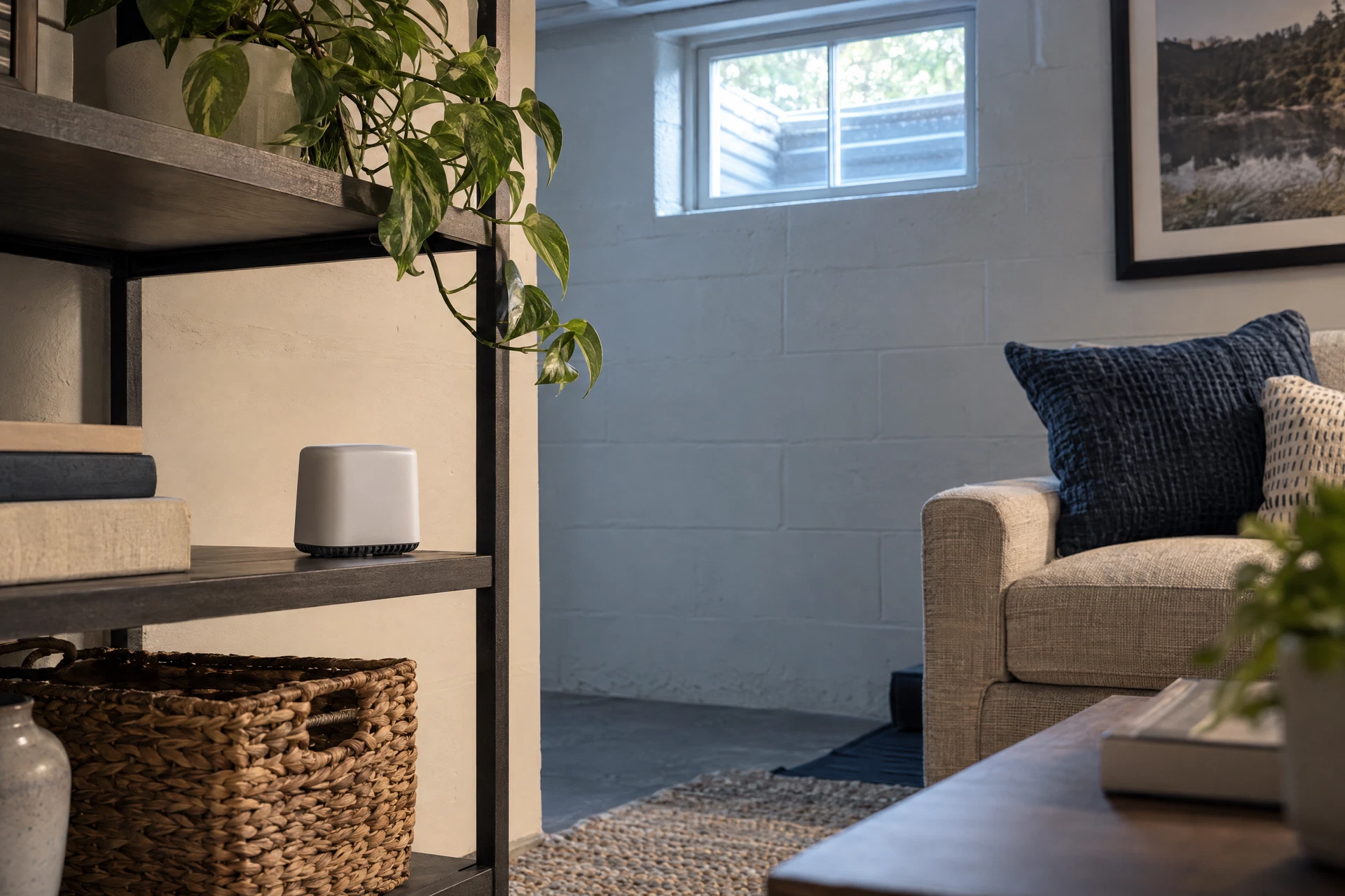 Illustrative radon testing device in a finished lower-level room; no measured result shown
