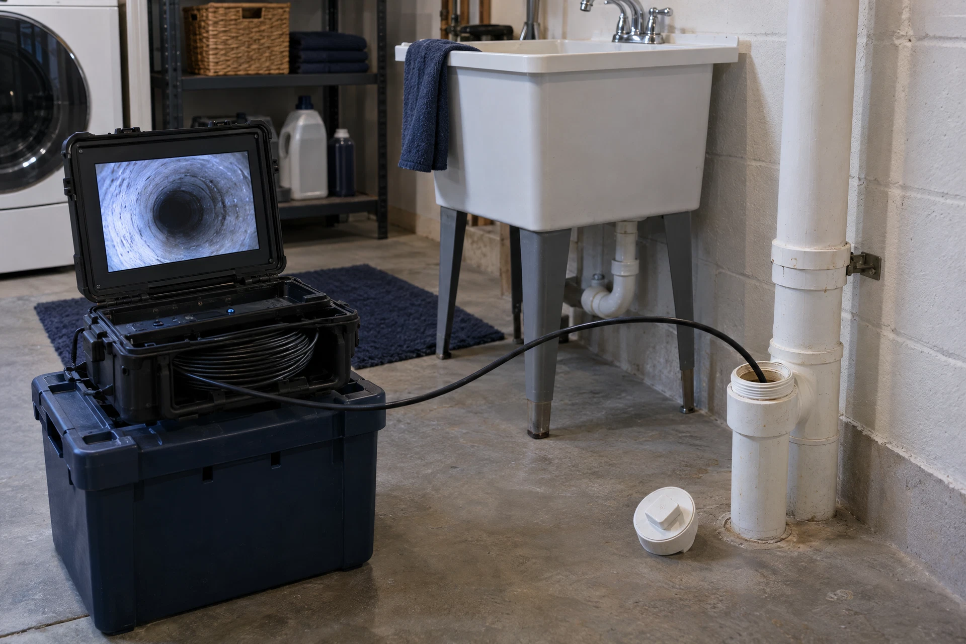 Illustrative sewer camera cable and plumbing cleanout in a home utility area