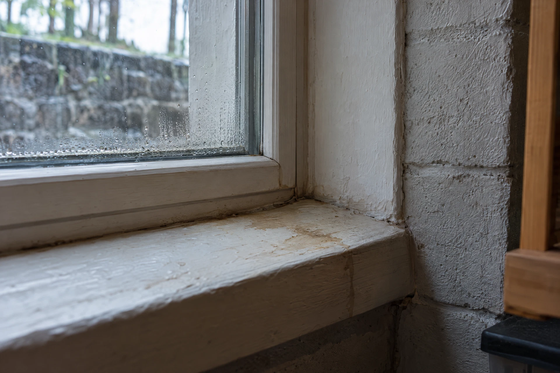Illustrative moisture and condensation at a basement window corner