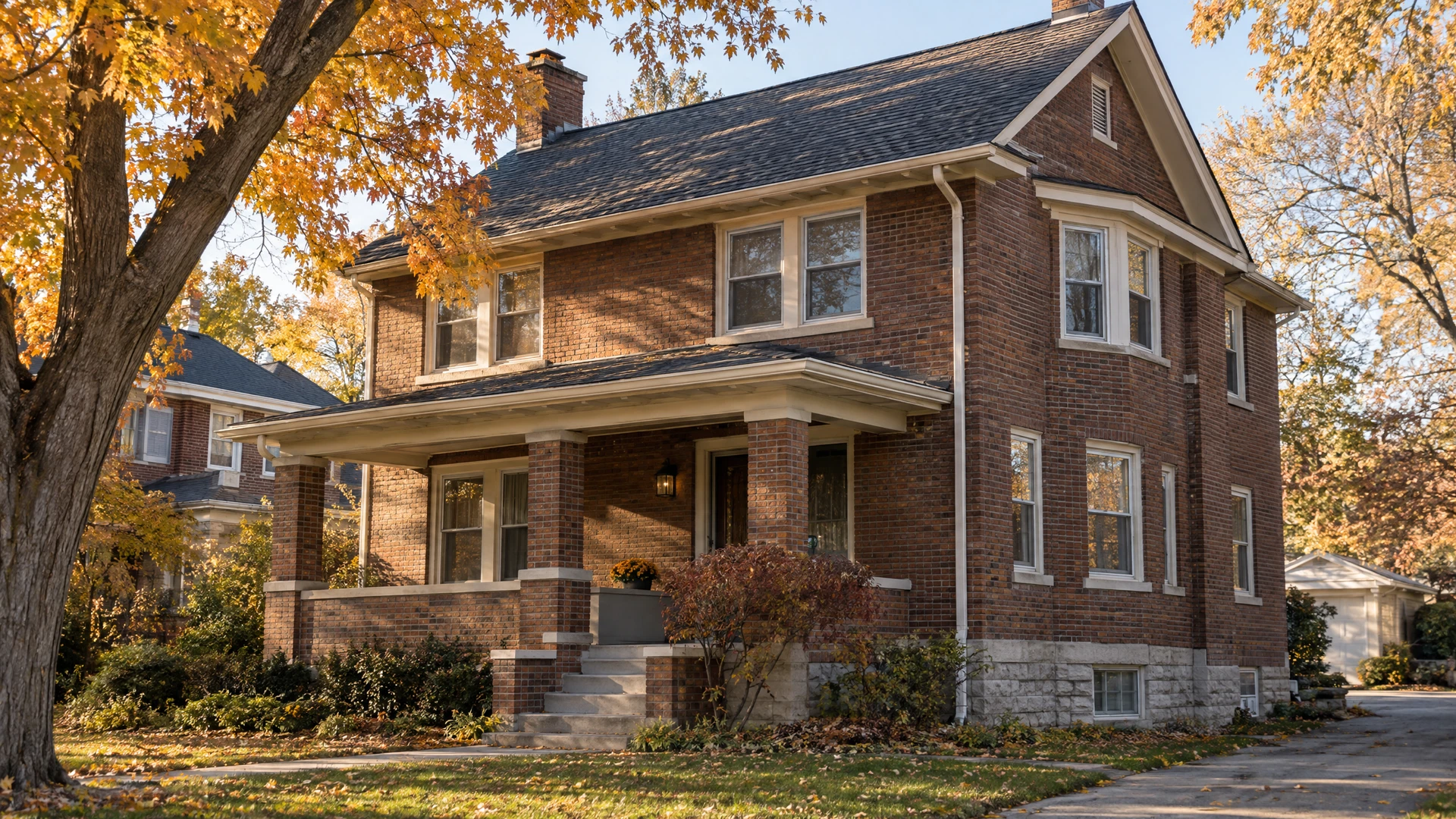 Illustrative older brick home with porch, roof and masonry details for a Joliet inspection guide